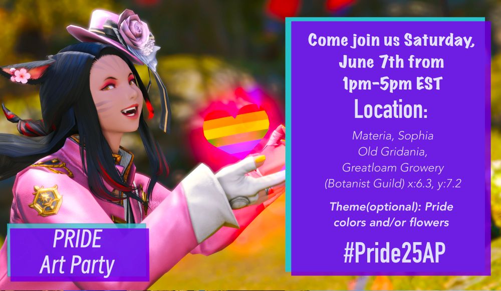 Flier for art party showing a smiling cat girl holding up a pride colored heart