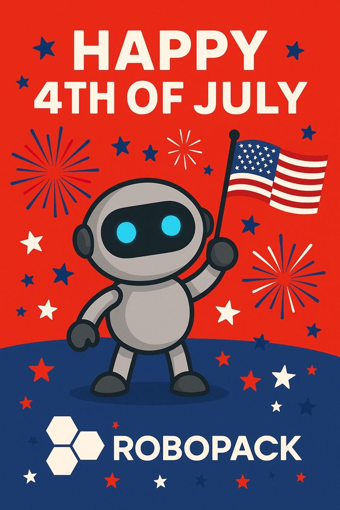 Alt text:
Festive 4th of July graphic featuring a cute cartoon robot holding a waving American flag, set against a red and blue patriotic background with fireworks and scattered red, white, and blue stars. Bold white text at the top reads “Happy 4th of July.” At the bottom, the word “ROBOPACK” appears in large white letters next to a stylized hexagonal logo. SEO keywords: 4th of July robot illustration, Independence Day graphic, American flag cartoon, patriotic fireworks image, ROBOPACK holiday branding.