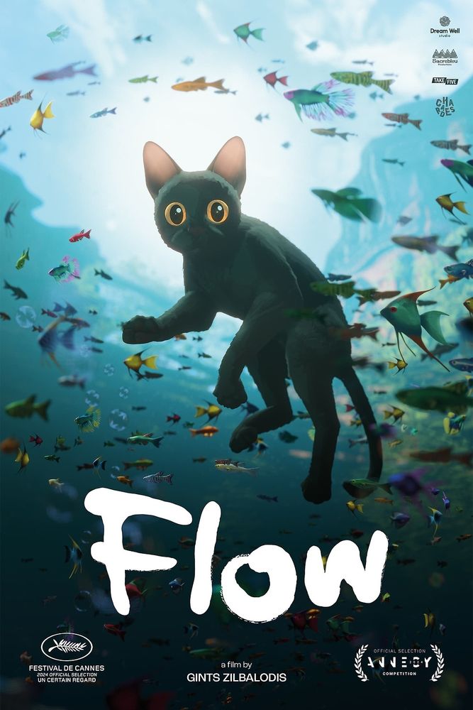 Poster for Flow. A black cat floats in the ocean, looking at us with wide eyes, colourful fish swim around it.