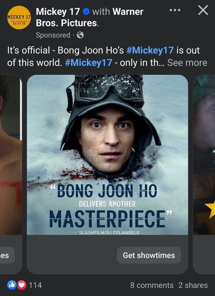 A screenshot of a social media ad for Mickey 17 by Warner Bros. pull-quoting the same review by BJ