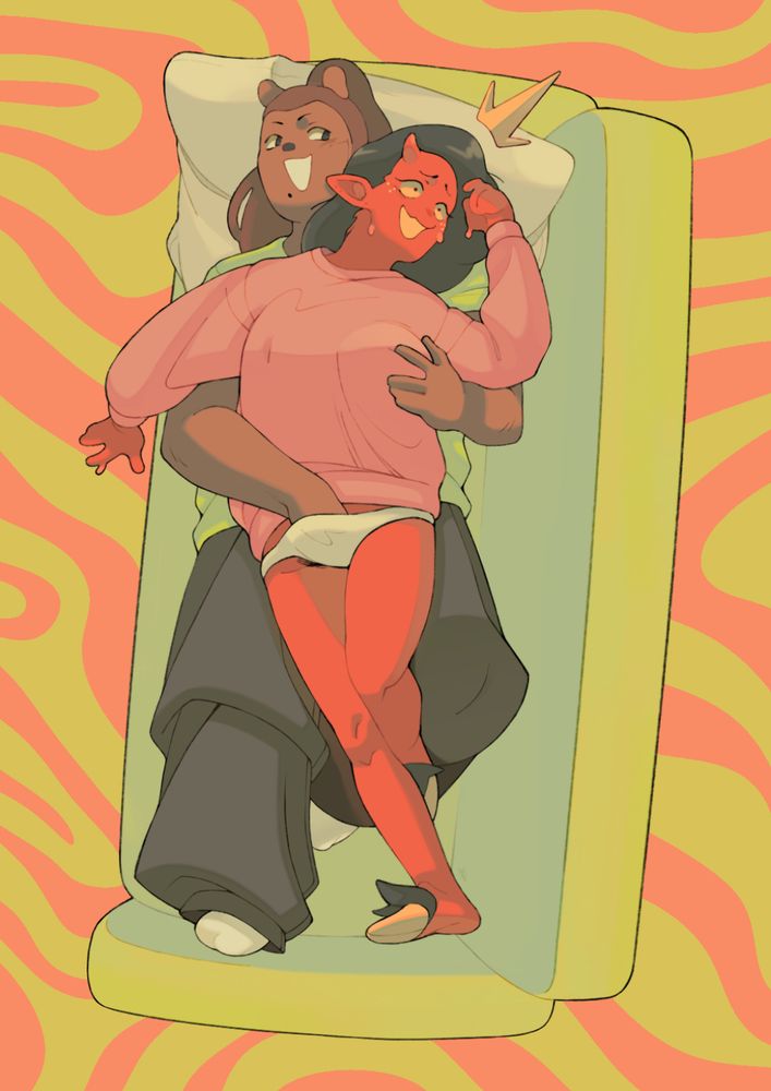 A pin-up illustration featuring D. Mona & Rin. The couple are lying down on a couch; Rin is cheekily caressing a flustered D. Mona's chest and fingering her under her panties.