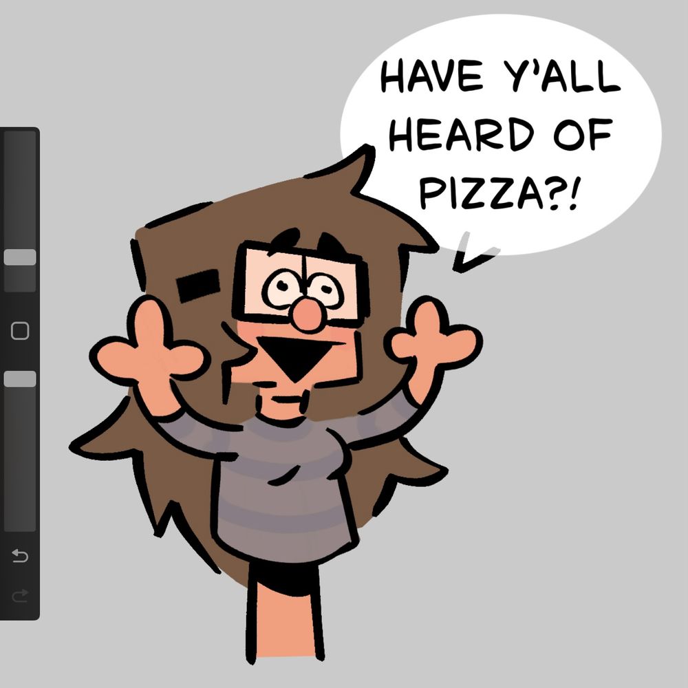 A loose sketch of Kati Knitt as a puppet. She’s yelling, “Have y’all heard of pizza?!”