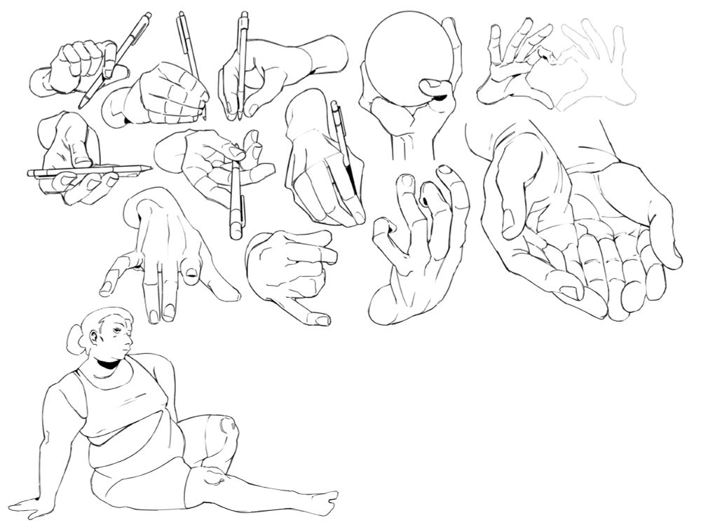 Illustrated studies of the human hand and a full-body sketch of a middle-aged woman.
