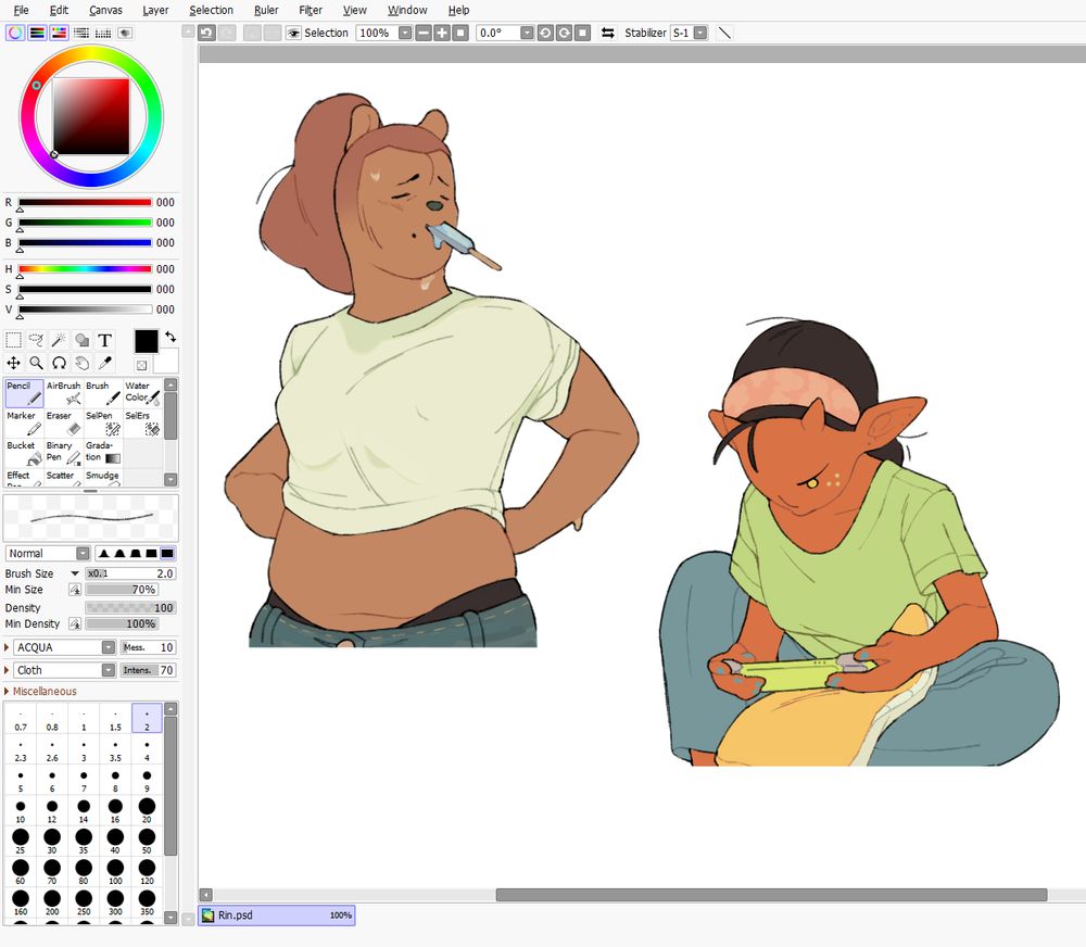 A screenshot of Paint Tool SAI's viewport. There are two sketches on its canvas tab. In the top-left corner, a drawing of Rin cooling off with an ice pop. On the bottom right is a drawing of D. Mona intensely playing a video game on her Nintendo Switch. They are wearing casual summer attire.