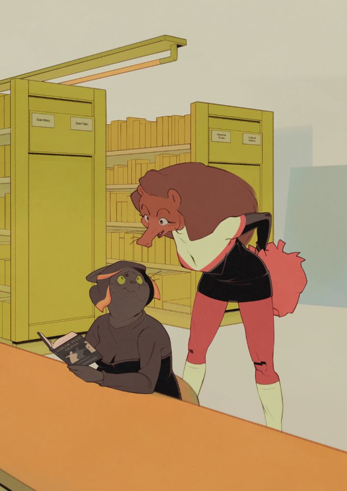 An anthropomorphic goth cat is nervously staring at her friend, a hedgehog cheerleader, who is curiously peaking at the book she is reading. The book's title is "Chloe Plus Olivia", a text documenting lesbian and bisexual literature from the 17th century onwards. The cat is worried her classmate will discover her feelings for her!