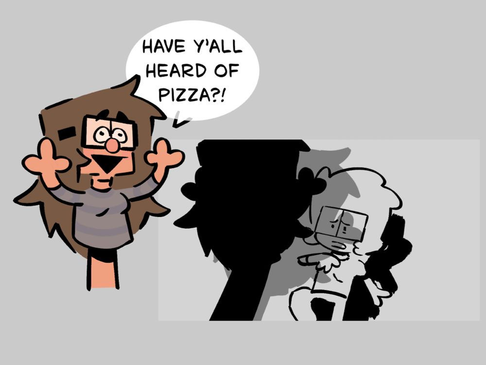 Puppet Kati yells, “Have y’all heard of pizza?!” While backing a scared Millie onto the ground.