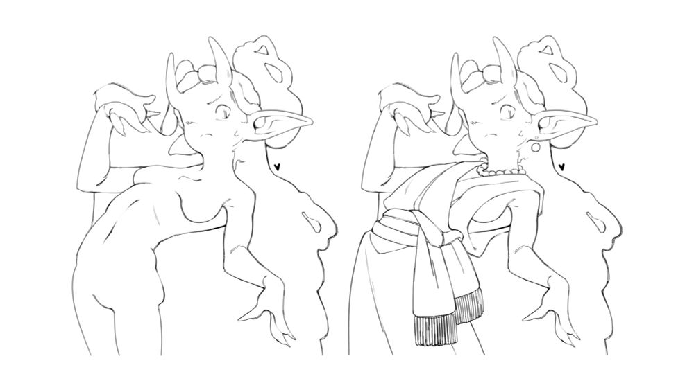 Two monochromatic D. Mona sketches. On the left side of the canvas, she's naked. On the right end, the same drawing, but she's wearing an elaborate robe inspired by various ancient cultures.