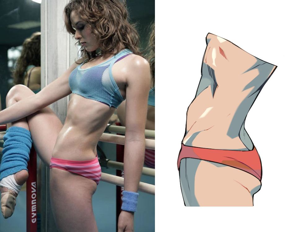 A cropped illustration of a woman's torso next to its corresponding reference photograph.