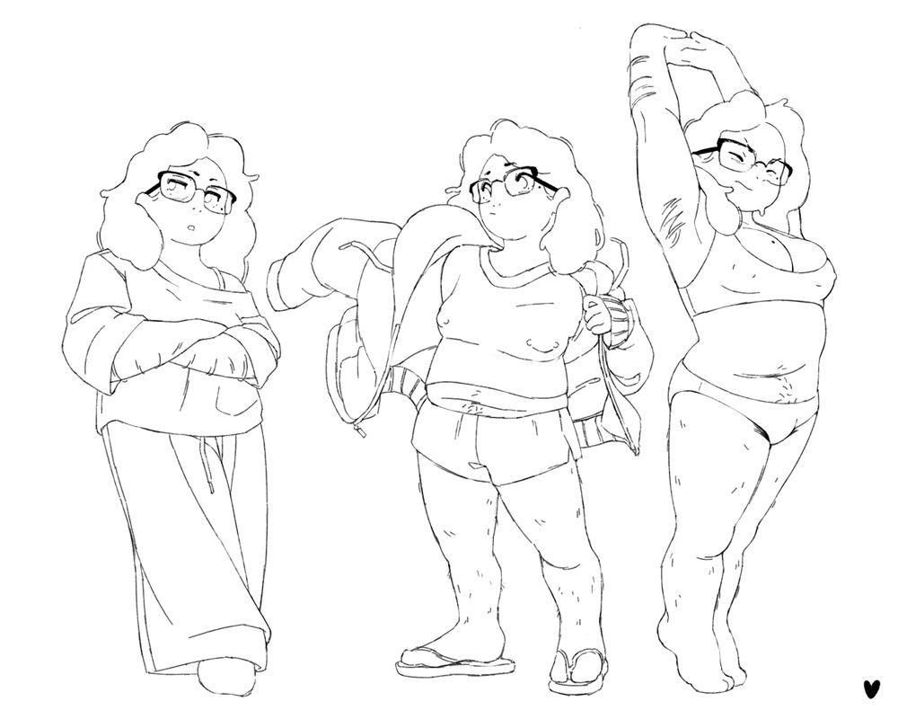 A loosely-drawn and monochromatic sketch featuring a character of mine in various poses.