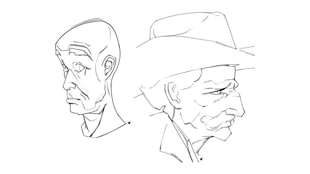 Two drawn head shots based on photographed portraits.