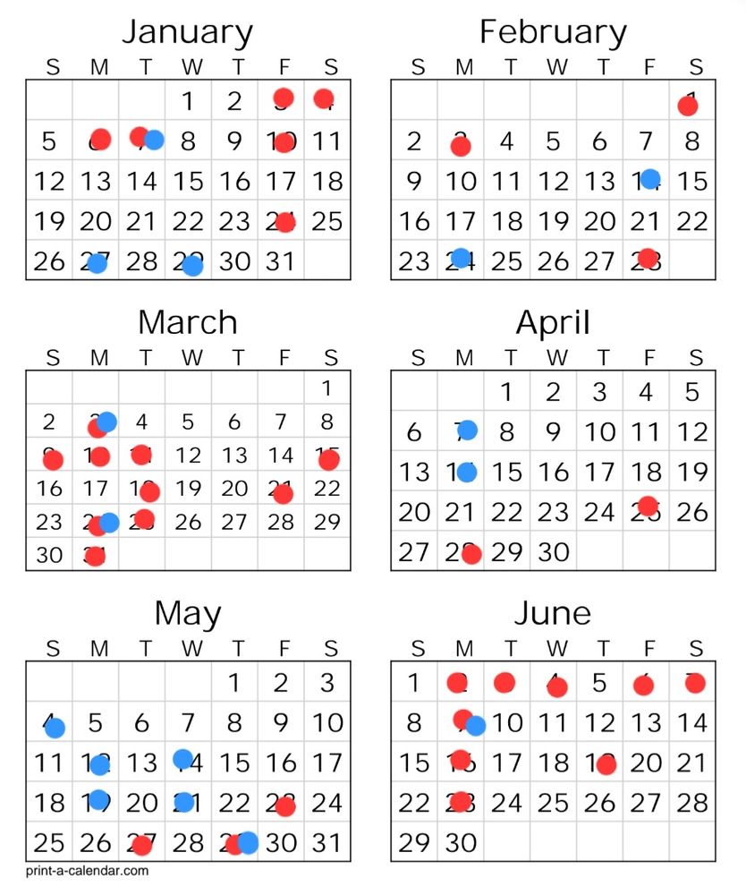 January - 8 days. February - 5 days. March - 10 days, April - 4 days, May - 8 days and June - 9 days