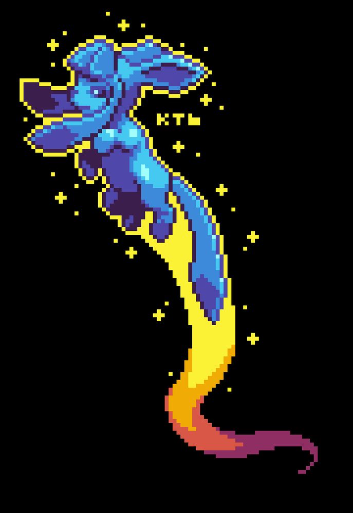 Pixel art of Glaceon flying through space with a glowing trail.