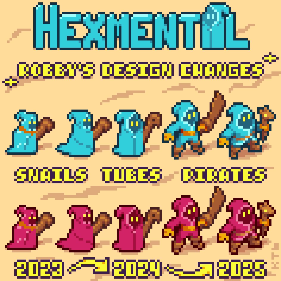 Image of character design changes of over time in the game Hexmental. There are two rows with 5 designs each. First row is colored as an ally and the second as the foe. The characters designs are described as "snails" during 2023, "tubes" during 2024 and "pirates" during 2025.