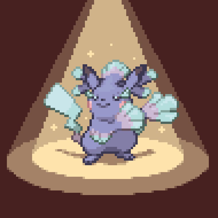 Pixel art of Pikachu and Oricorio fusion. Pikacorio is standing on a stage with a spotlight on it.