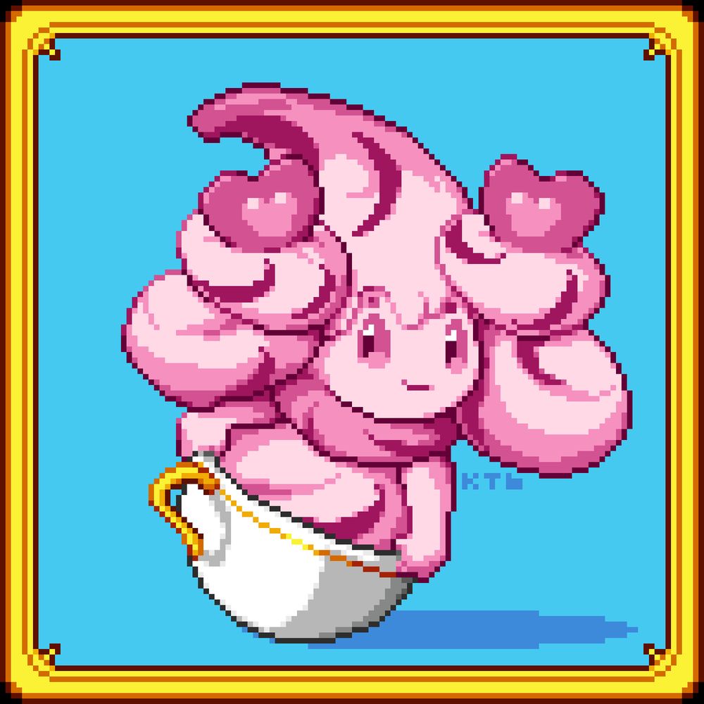 Pixel art of Alcremie teetering in a tea cup