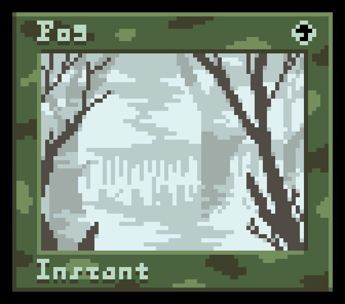 Magic: The Gathering card named "Fog" imagined as a Game Boy Color card game asset. A thick fog is enveloping a group of characters in a forest.