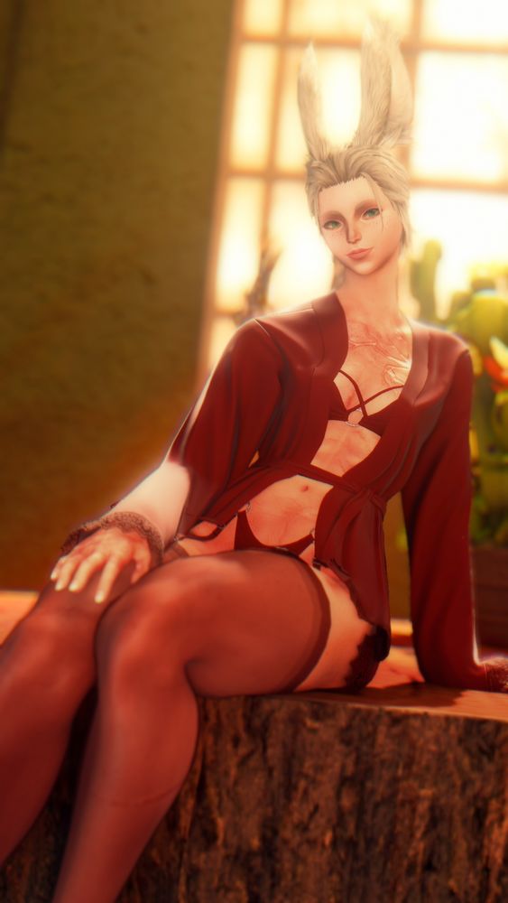 Rifra, dressed in red lingerie and a ruffled jacket(?) (sorry I don't know clothing terms) sits relaxed and lounging on a giant stump