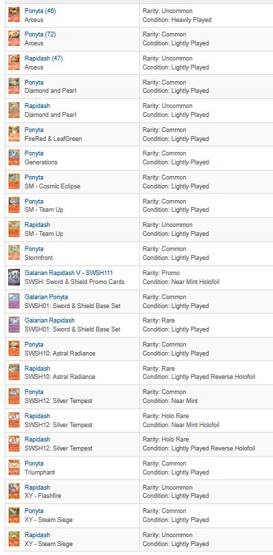 Image shows a TCGPlayer order containing nearly every version of Ponyta and Rapidash that exists within the Pokemon TCG.