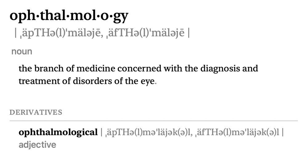 Screen grab of the dictionary entry for "ophthalmology." 