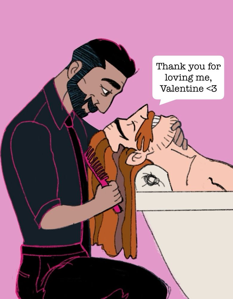stone combs robotnik's hair while he takes a bath. robotnik has a speech bubble that says, "Thank you for loving me, Valentine <3"