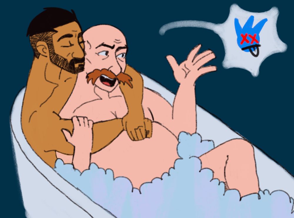 robotnik and stone sharing a bubble bath