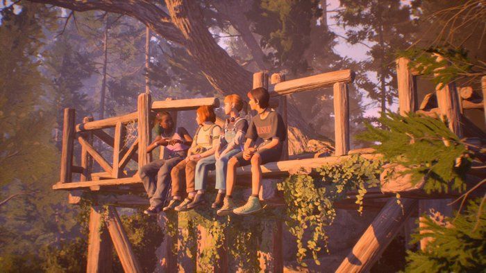 A still from the video game, Bloom and Rage. Four teenage girls sitting on a wooden overlook in the woods 