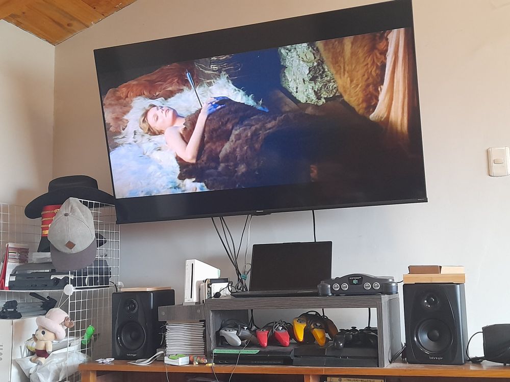 Entertainment center setup showing a still image on the TV of Michelle Pfeiffer lying injured in a bed of pelts, from the movie Ladyhawke (1984)