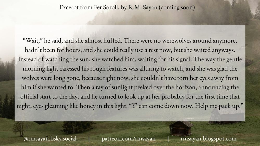 Excerpt from Fer Soroll, by R. M. Sayan, that reads:
“Wait,” he said, and she almost huffed. There were no werewolves around anymore, hadn’t been for hours, and she could really use a rest now, but she waited anyways. Instead of watching the sun, she watched him, waiting for his signal. The way the gentle morning light caressed his rough features was alluring to watch, and she was glad the wolves were long gone, because right now, she couldn’t have torn her eyes away from him if she wanted to. Then a ray of sunlight peeked over the horizon, announcing the official start to the day, and he turned to look up at her probably for the first time that night, eyes gleaming like honey in this light. “Y’ can come down now. Help me pack up.”
End excerpt.