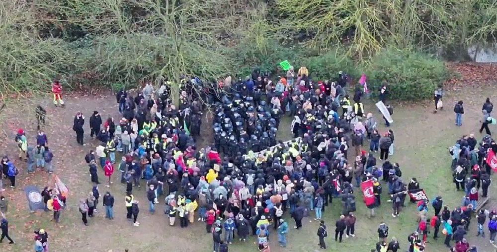vogelperspektivische Sicht auf viele Demonstranten auf einer Wiese, die eine Gruppe Polizisten gekesselt haben. In dieser Gruppe Polizisten sind 3 Gestalten ohne Helm zu sehen, bei denen es sich offenbar um einsame Faschos handelt. 