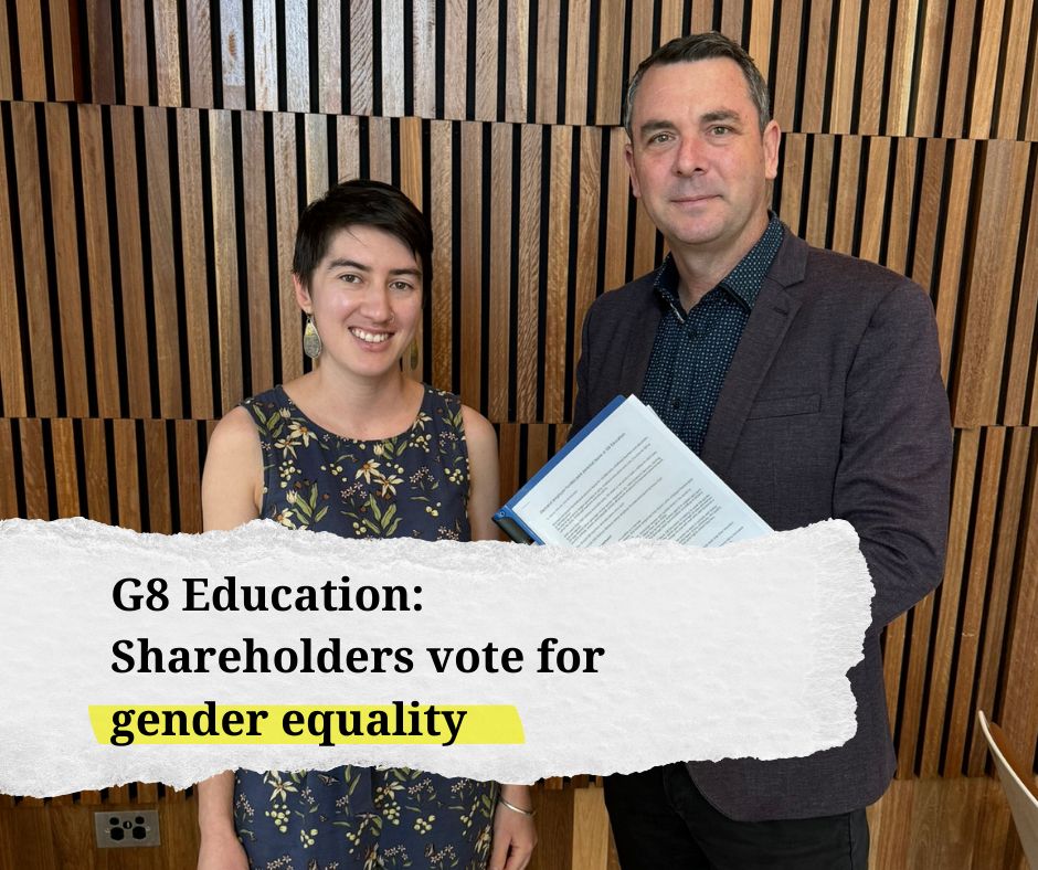 The IEU’s petition calling for paid parental leave was handed to G8’s executive at the AGM by SIX Campaigns Manager Phoebe Rountree. Pictured: Phoebe Rountree (SIX) and IEUA Federal Secretary Brad Hayes