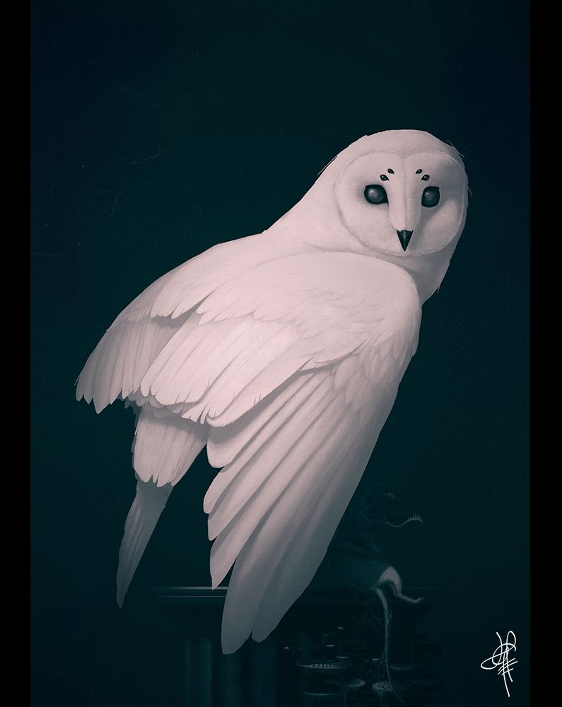 Digital painting of an albino white owl clutching an infected rat with multiple jaws in its talons standing on a plinth. 