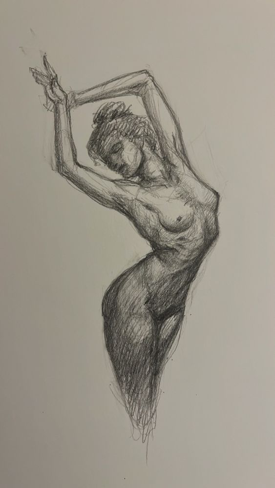 A stylized feminine figure study. Arched back arms raised head tilted back and looking to their right. 