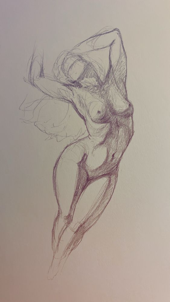 Pencil on paper figure study of a falling feminine figure back arched falling to the right. 