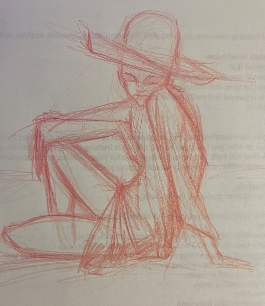 Red pencil on scrap paper sketch of a woman in a dress and hat sitting on her side
