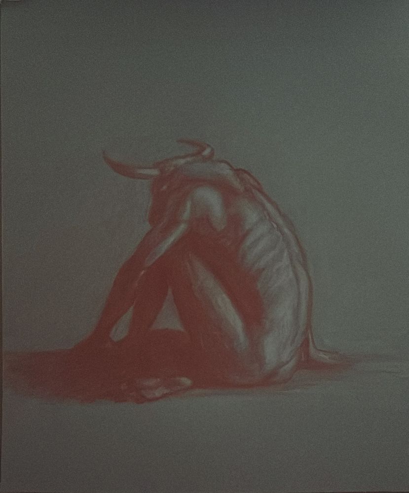 Work in progress drawing of a Minotaur sitting alone it’s back illuminated. 