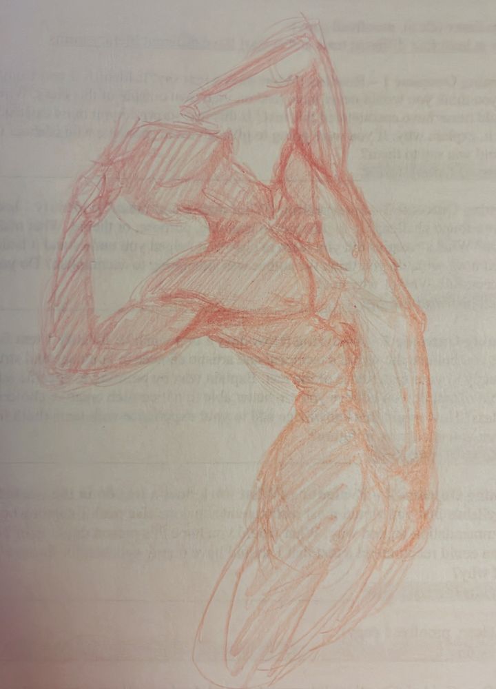 Red pencil on scrap paper drawing of a shirtless man stretching back arms raised above their head. 