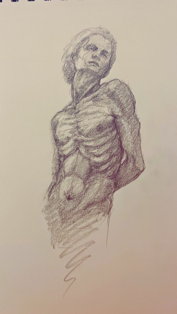 Nude drawing of an emaciated male body  pencil on white paper. 