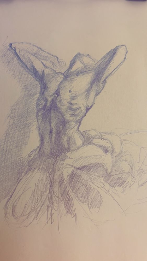 Blue mechanical .5mm pencil on white paper drawing of a male figure stretching backwards as their lower half is covered by fabric. 