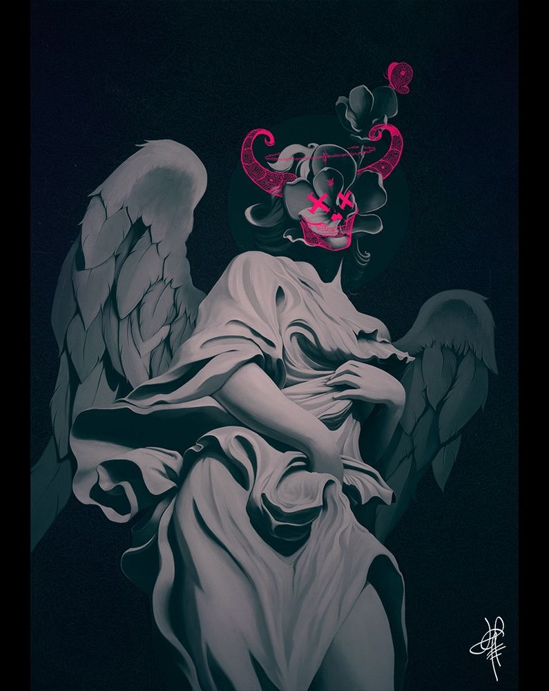 Digital painting base on a sculpture angel by Lorenzo Bernini bastardized. The head of the angel is now two blooming flowers obscured by a sketchy pink neon skull, complete with horns and halo. The background is textured with a non repeating pattern resembling a script.