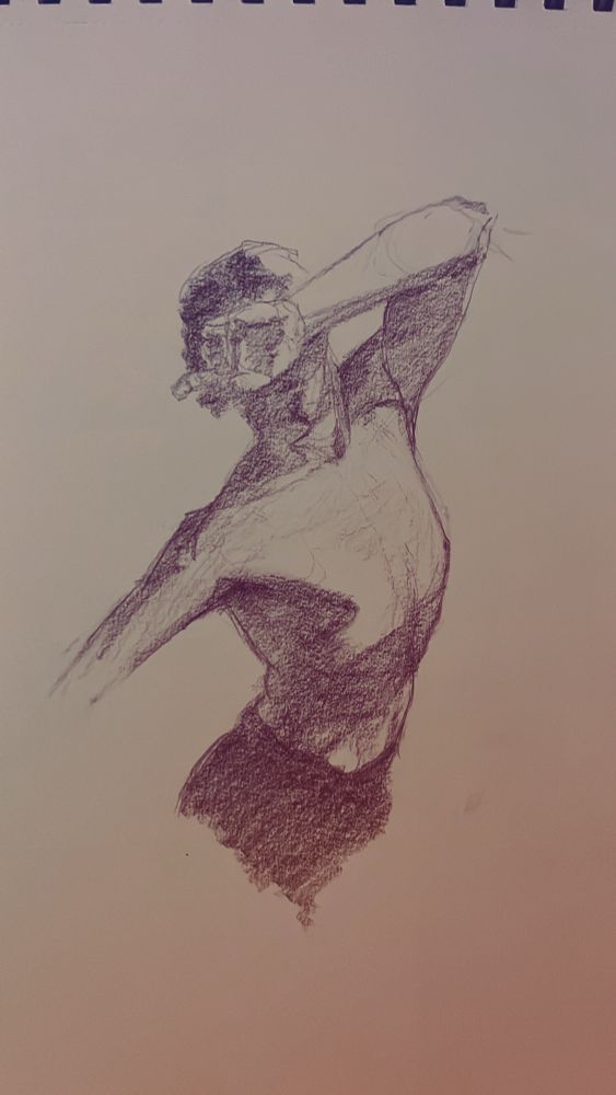 Graphite on paper study of a shirtless masculine form illuminated from above left arm covering their face 