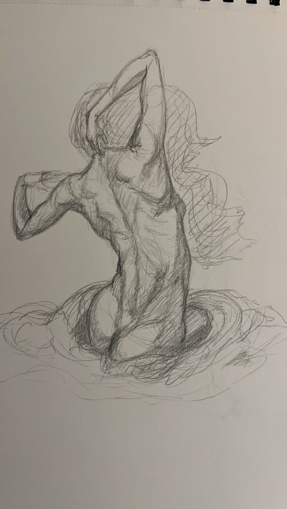 Pencil on paper figure study of a feminine figure from the back their arms stretching up and their waist shrouded by fabric. 