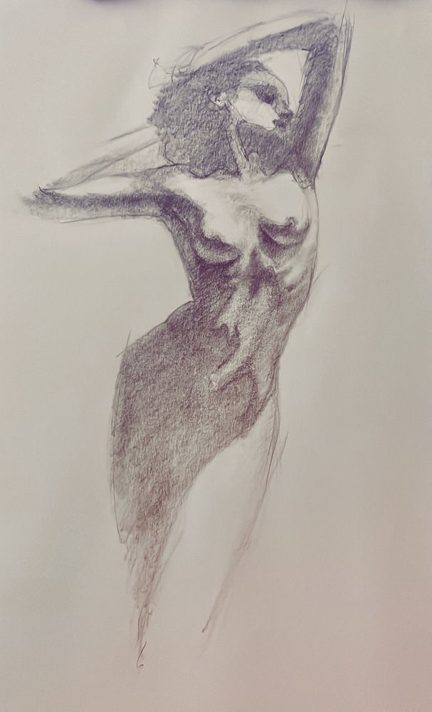 Graphite pencil on paper drawing of a nude woman stretching. 