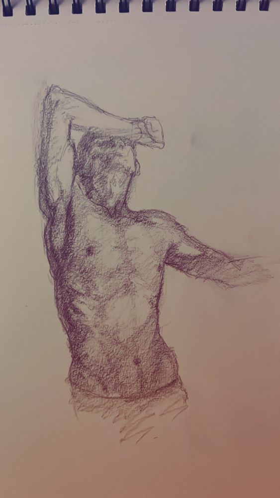 Pencil on paper drawing study of a shirtless masculine body. 
