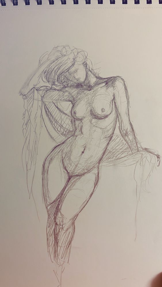 Feminine female figure drawing study of a figure standing with fabric draped behind them running from one arm to the other behind them. 