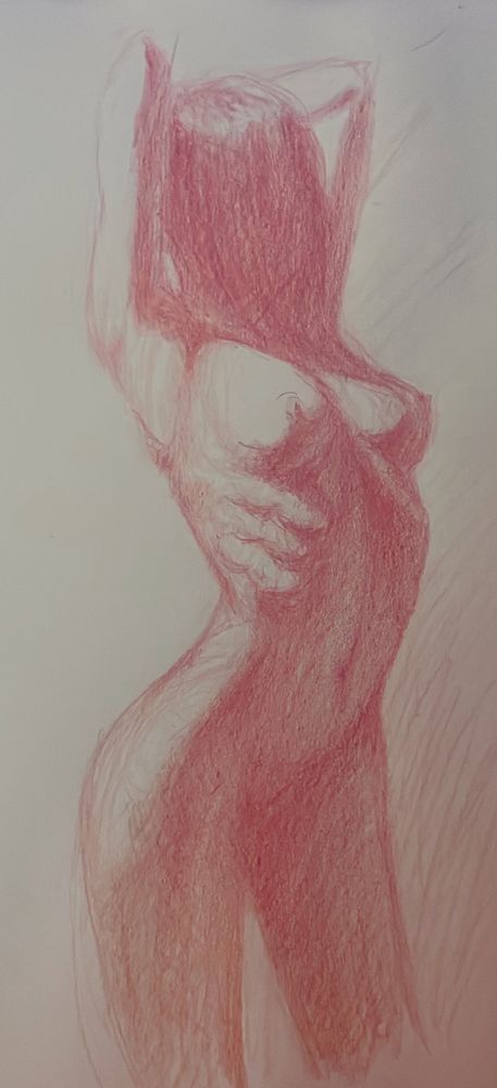 Red mechanical pencil on white paper drawing of a nude woman whose face is obscured by her hair and the lighting. 