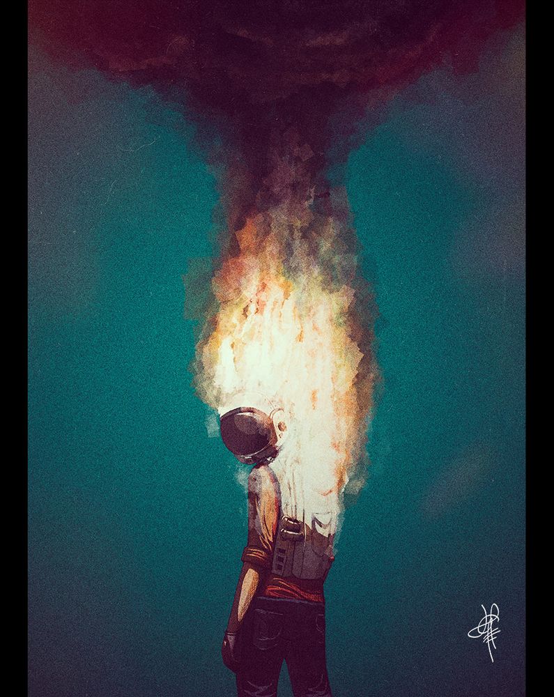 Spaceman on fire looking back at the viewer