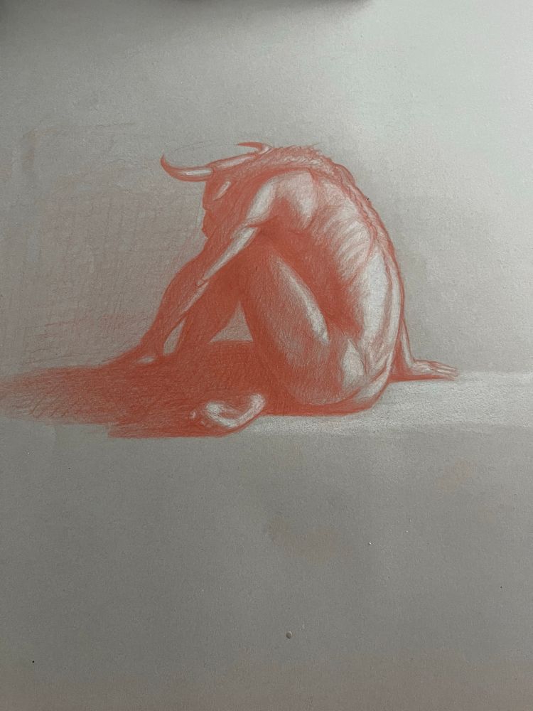 Red and white mechanical pencil on grey paper drawing of a Minotaur. Back to the viewer resting its weight on one leg. 
