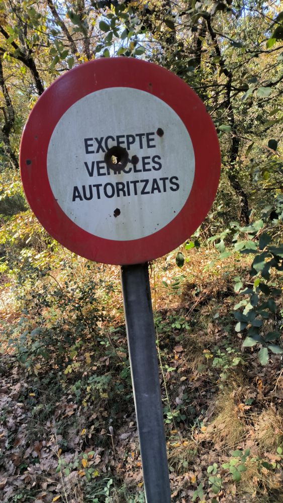 Senyal de prohibit el pas excepte vehicles autoritzats amb un forat de bala enmig