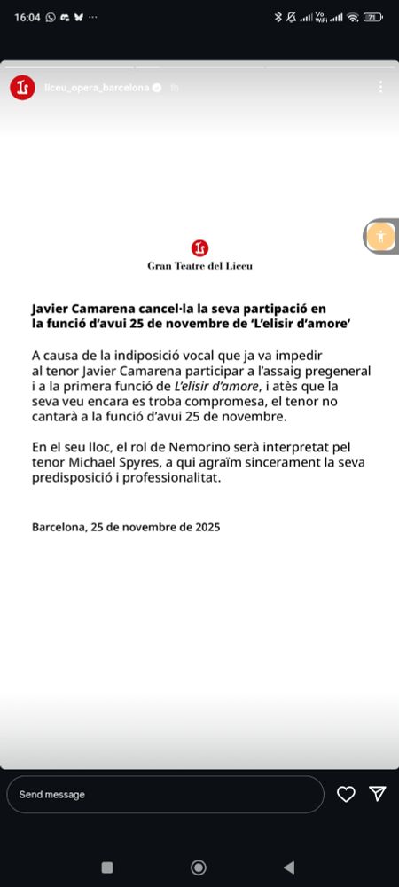 Camarena cancel·la l'actuació d'avui