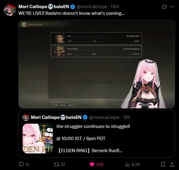 Calli posting a tweet announcing that she is currently live on youtube using the exact screenshot I had taken the day before